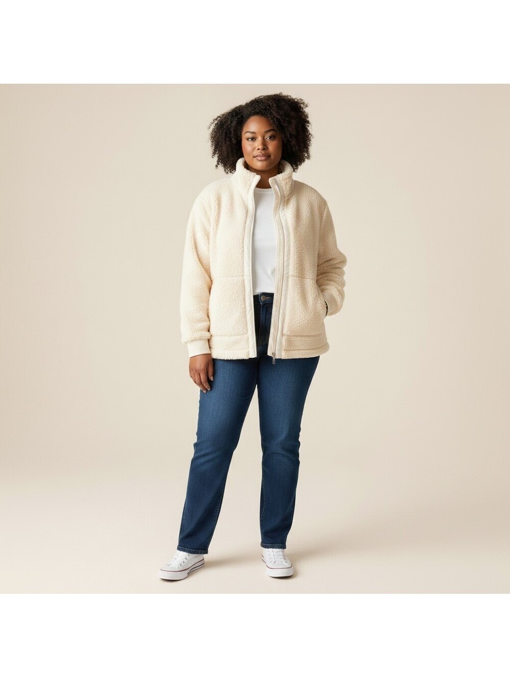 Sonoma Jacket Women 0X Plus Beige Fleece Full Zip Long Sleeve Collared Pockets